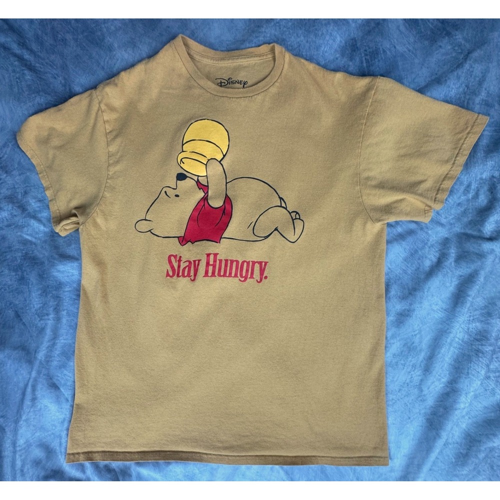 Disney Winnie the Pooh Stay Hungry T-Shirt Mens Large Tan Honey Pot Graphic Tee